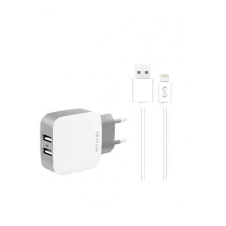 KIT TRAVEL CHARGER 2usb 2.1A Con Cavo Dati Per Apple Lightning 2M - Colore Bianco